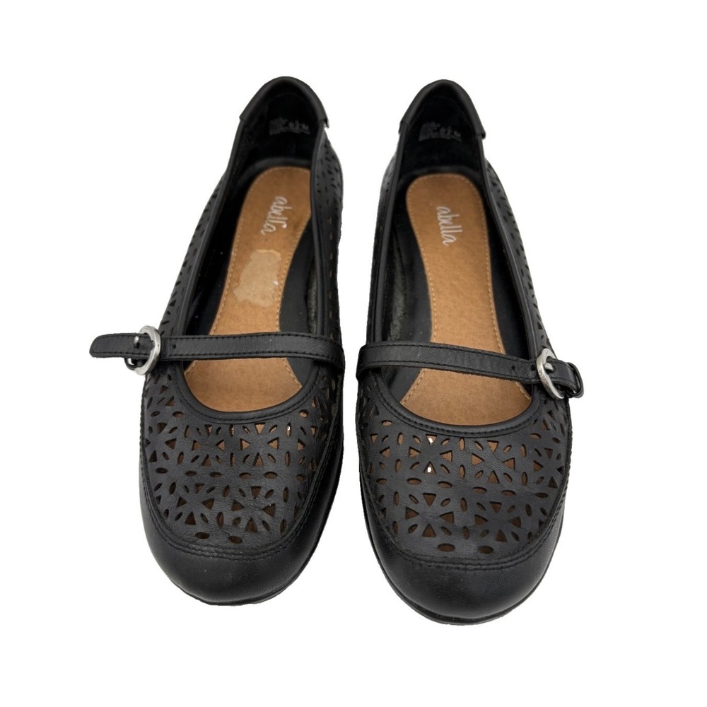 Abella Ellen Womens Black Leather 6.5M Laser Cut Mary Jane Ballet Flats Shoes